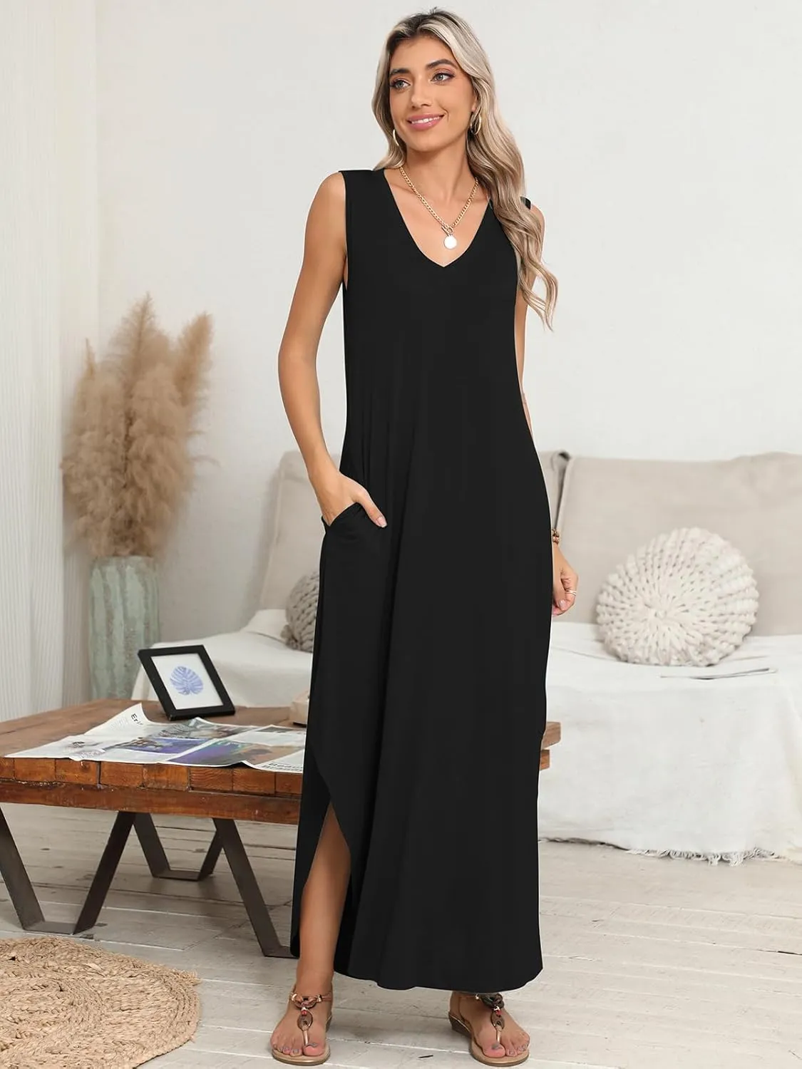BELAROI Womens Plus Size Maxi Dress Sundress Summer Casual Sleeveless V Neck Pockets Beach Swimsuit Coverup Loose