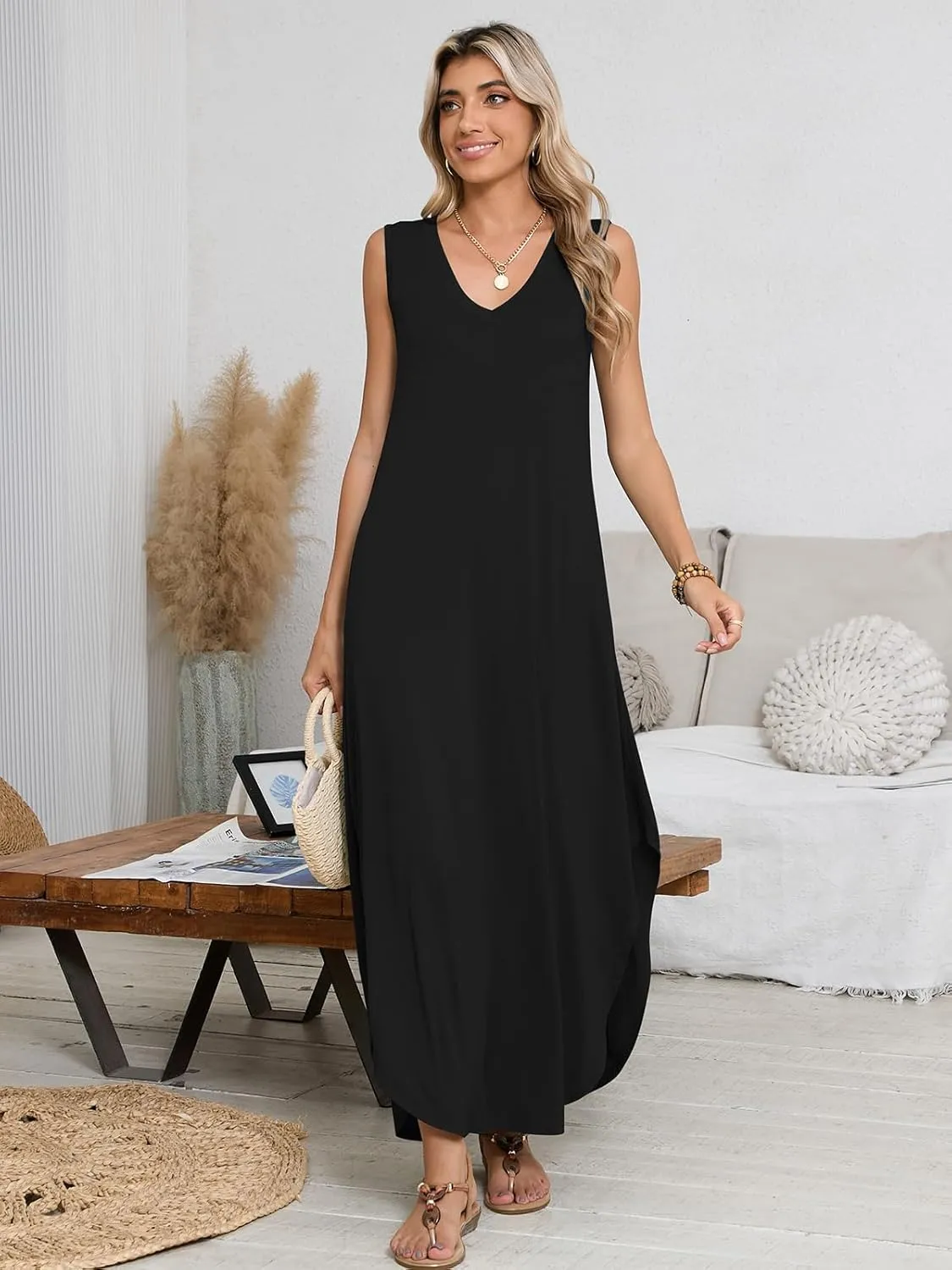 BELAROI Womens Plus Size Maxi Dress Sundress Summer Casual Sleeveless V Neck Pockets Beach Swimsuit Coverup Loose