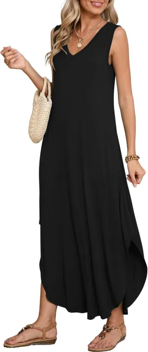 BELAROI Womens Plus Size Maxi Dress Sundress Summer Casual Sleeveless V Neck Pockets Beach Swimsuit Coverup Loose
