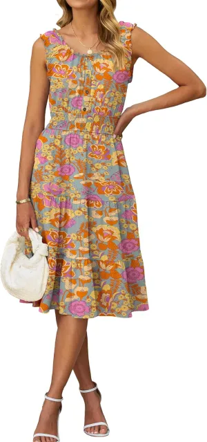 BerryGo Womens Summer Floral Midi Dress Sleeveless Flowy A-Ling Button Tiered Casual Vacation Beach Long Sun Dress 2025