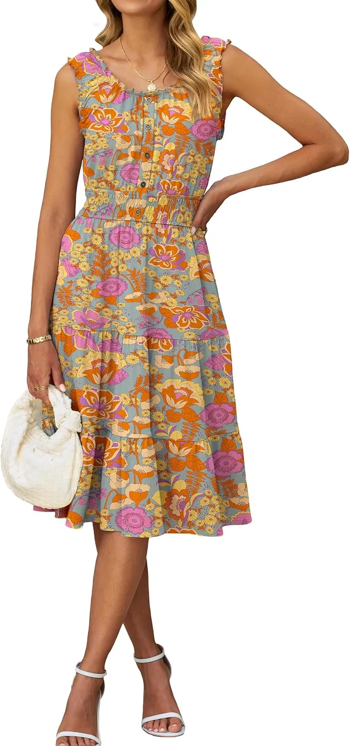 BerryGo Womens Summer Floral Midi Dress Sleeveless Flowy A-Ling Button Tiered Casual Vacation Beach Long Sun Dress 2025