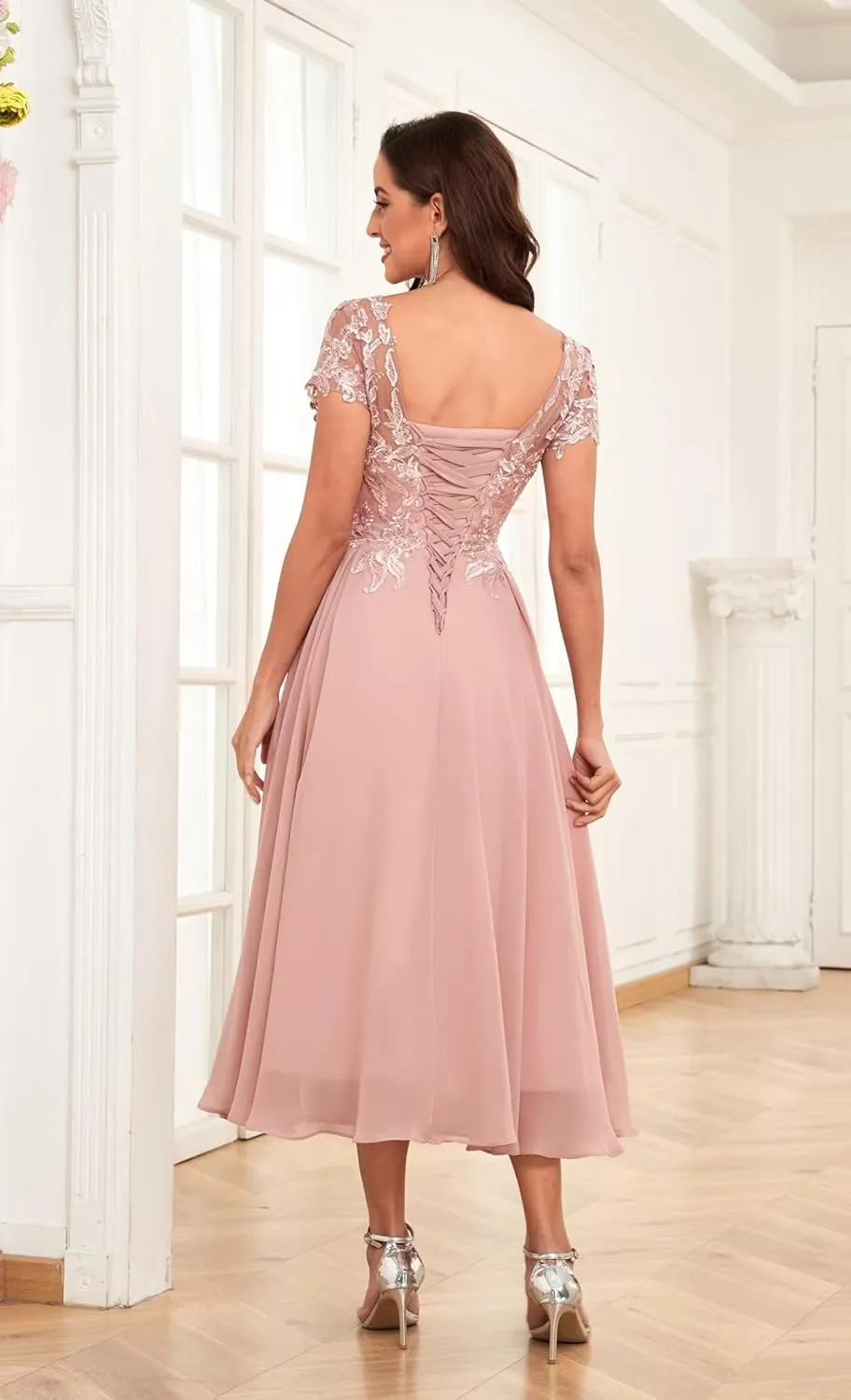 Bestluckw Lace Applique Mother of The Bride Dresses Chiffon Tea Length Mother of The Groom Dresses for Wedding