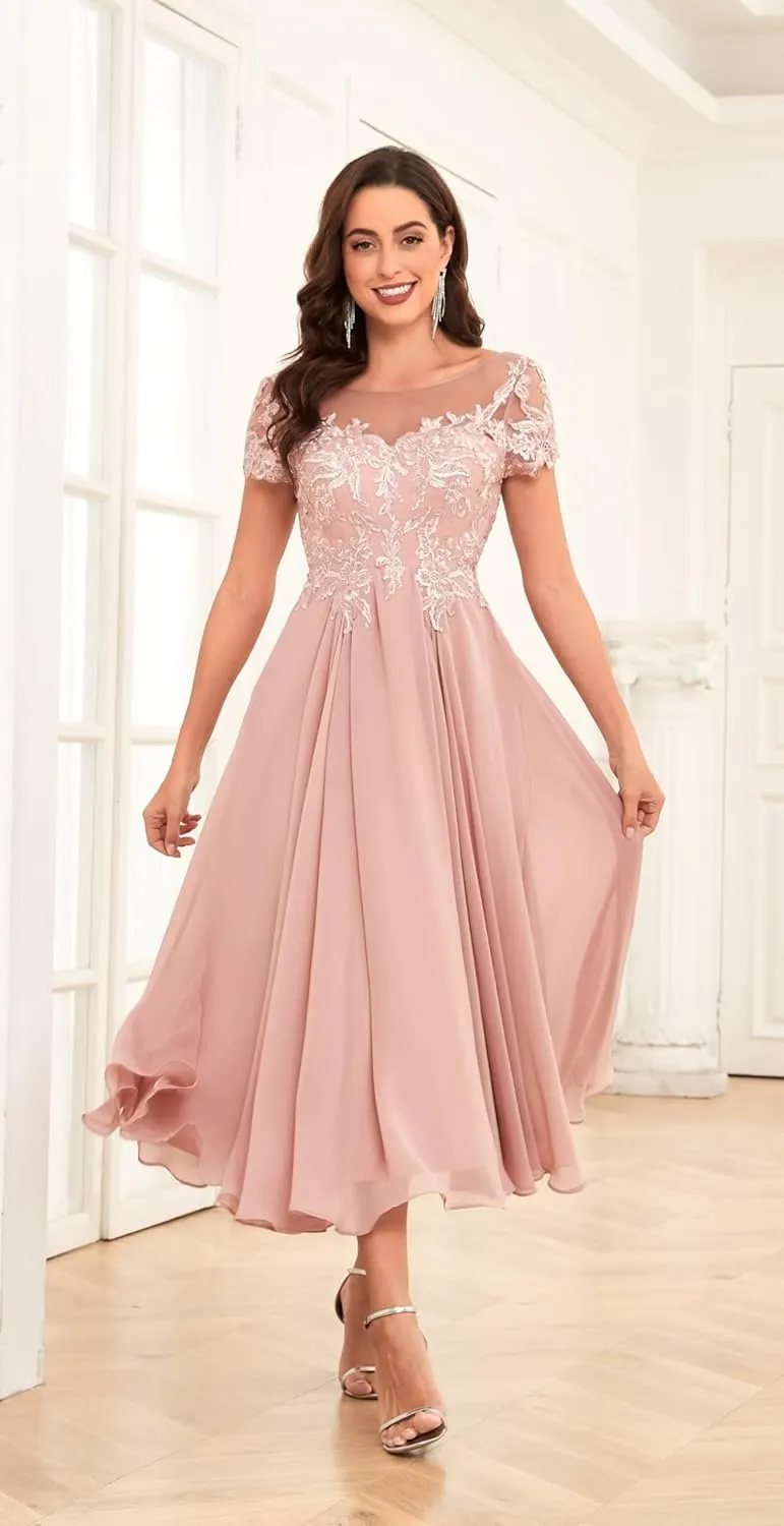Bestluckw Lace Applique Mother of The Bride Dresses Chiffon Tea Length Mother of The Groom Dresses for Wedding