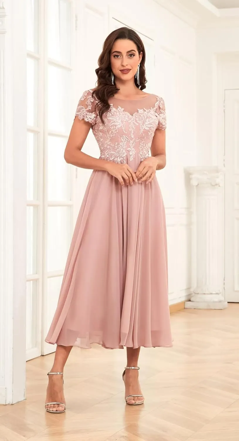 Bestluckw Lace Applique Mother of The Bride Dresses Chiffon Tea Length Mother of The Groom Dresses for Wedding