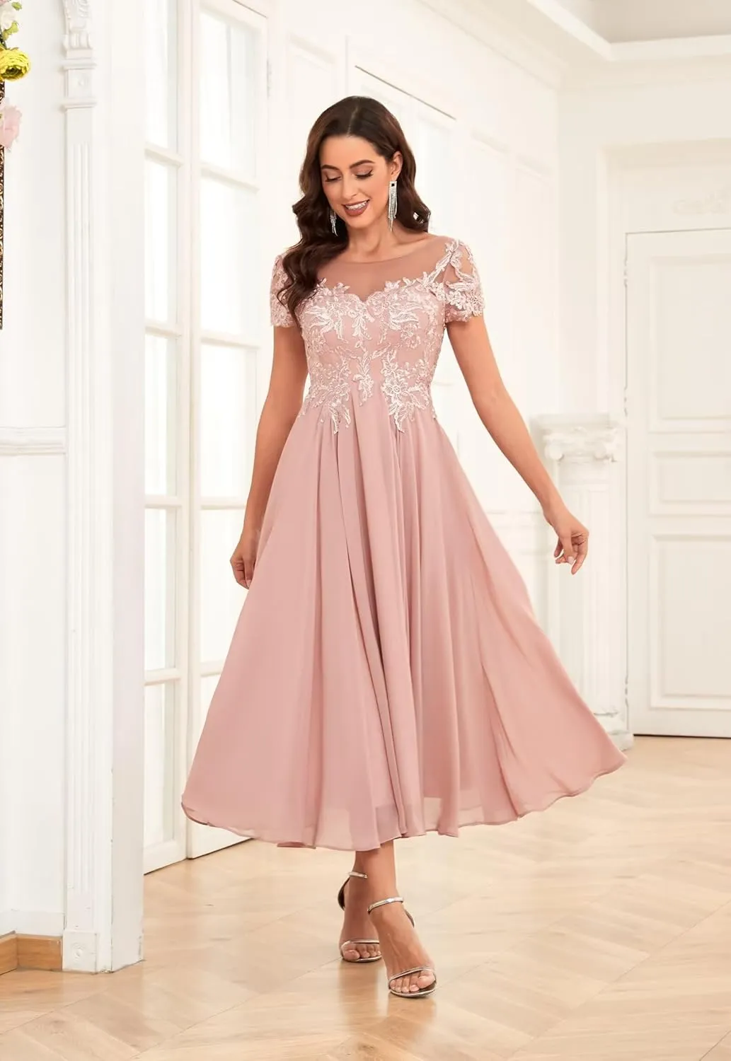 Bestluckw Lace Applique Mother of The Bride Dresses Chiffon Tea Length Mother of The Groom Dresses for Wedding