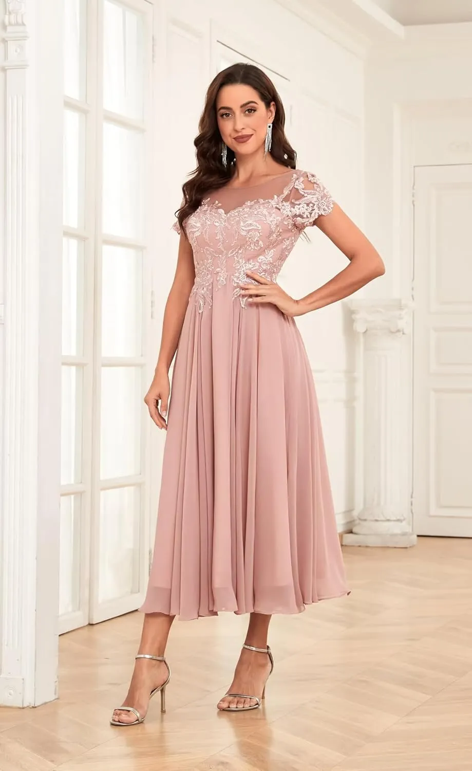 Bestluckw Lace Applique Mother of The Bride Dresses Chiffon Tea Length Mother of The Groom Dresses for Wedding