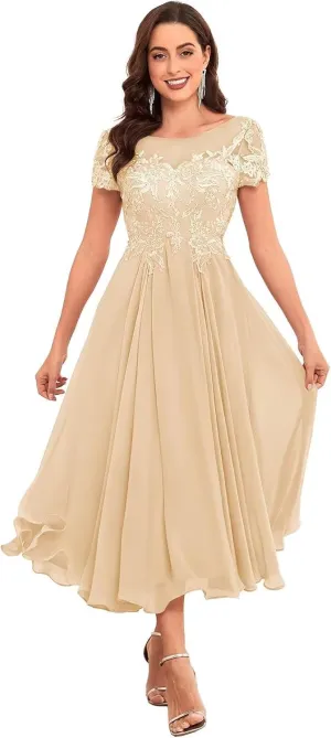 Bestluckw Lace Applique Mother of The Bride Dresses Chiffon Tea Length Mother of The Groom Dresses for Wedding