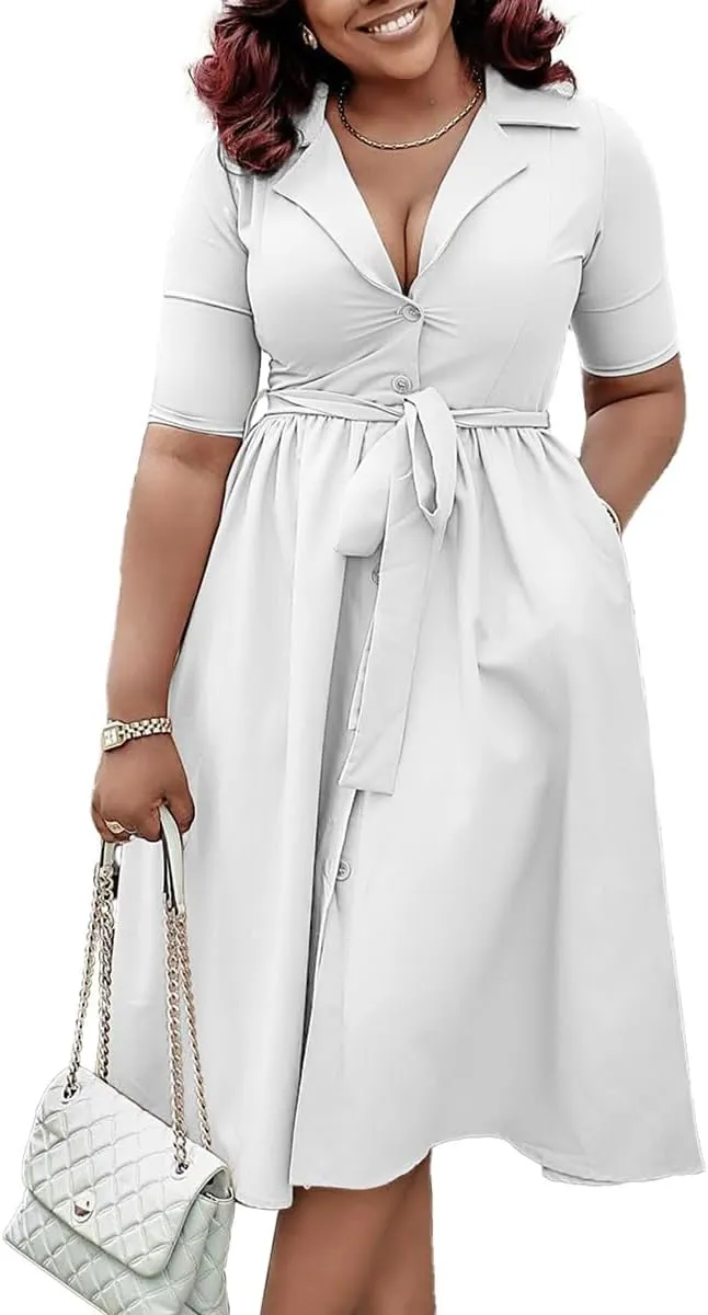 BFFBABY Womens Plus Size Wrap V Neck Casual A Line Midi Dresses Short Sleeve Summer Swing Dress with Belt Pockets