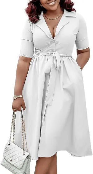 BFFBABY Womens Plus Size Wrap V Neck Casual A Line Midi Dresses Short Sleeve Summer Swing Dress with Belt Pockets