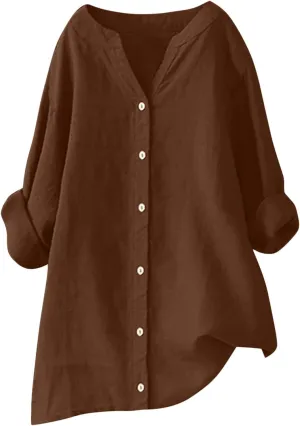 Binmer Womens Linen V Neck Button Down Shirts Oversized Long Sleeve Casual Blouse Loose Fit Solid Tunic Tops Plus Size