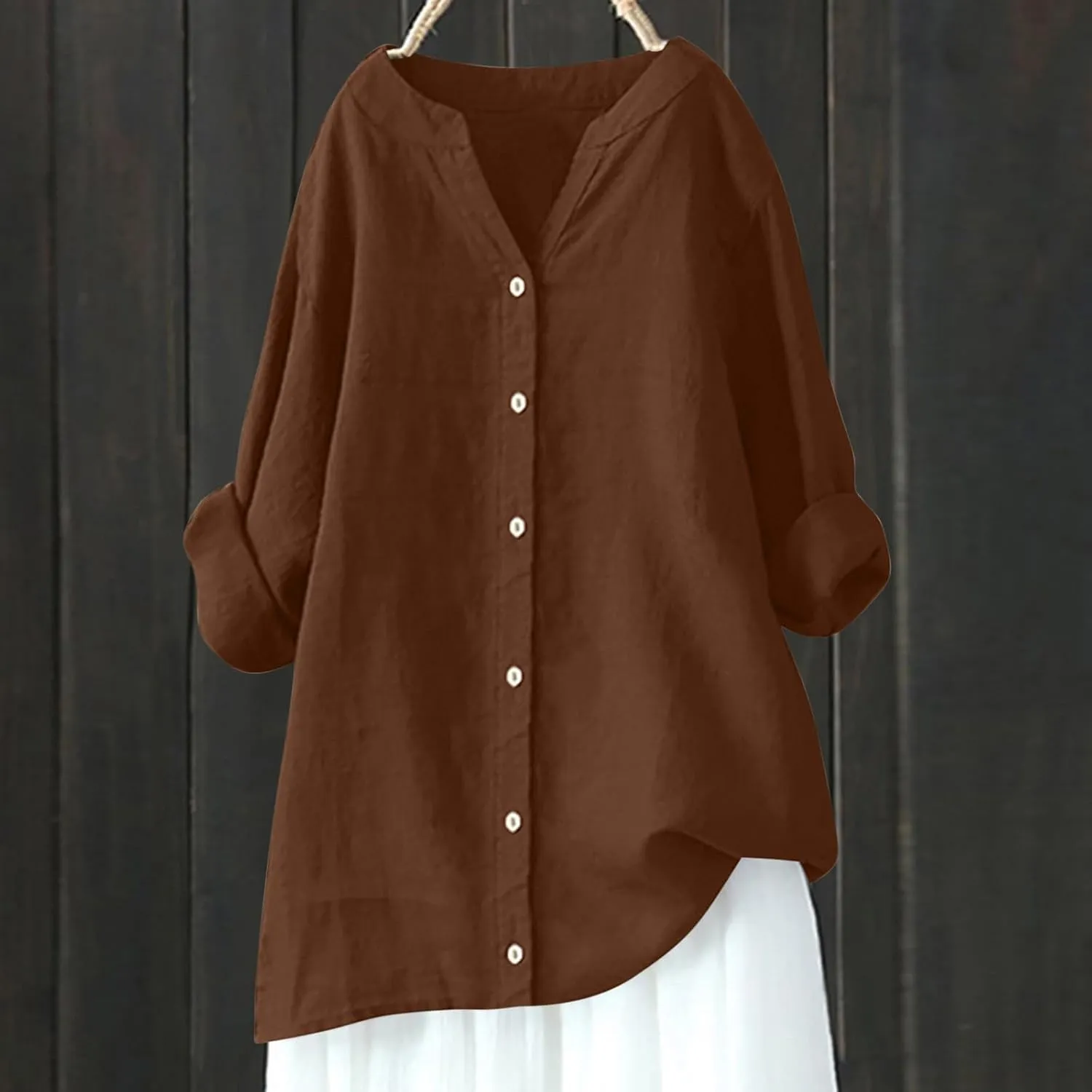 Binmer Womens Linen V Neck Button Down Shirts Oversized Long Sleeve Casual Blouse Loose Fit Solid Tunic Tops Plus Size