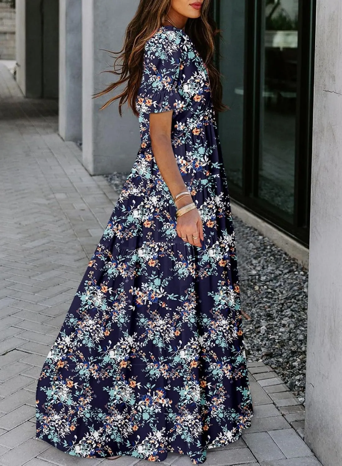 BLENCOT Womens Casual Boho Floral Printed V Neck Short Sleeve Long Evening Dress Ruched Cocktail Party Maxi Wedding Dress