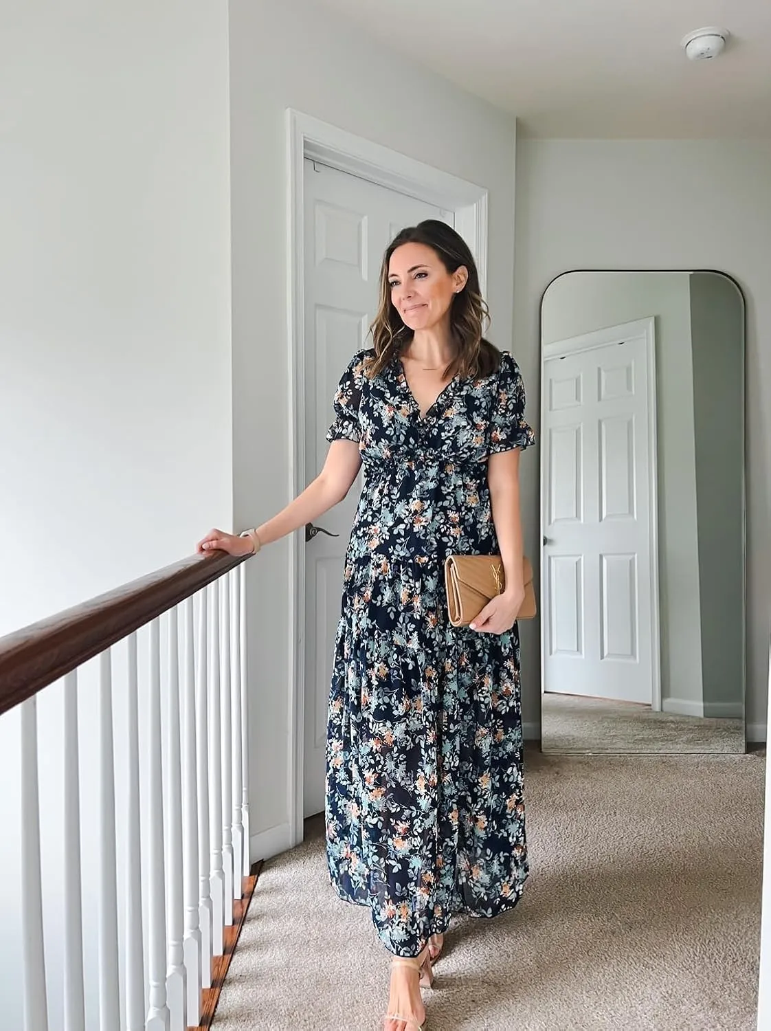 BLENCOT Womens Casual Boho Floral Printed V Neck Short Sleeve Long Evening Dress Ruched Cocktail Party Maxi Wedding Dress