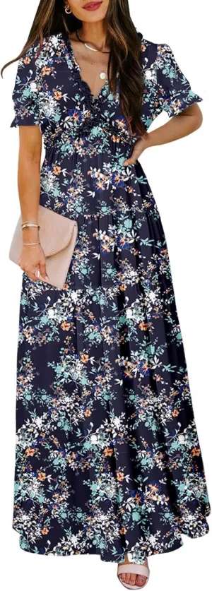 BLENCOT Womens Casual Boho Floral Printed V Neck Short Sleeve Long Evening Dress Ruched Cocktail Party Maxi Wedding Dress