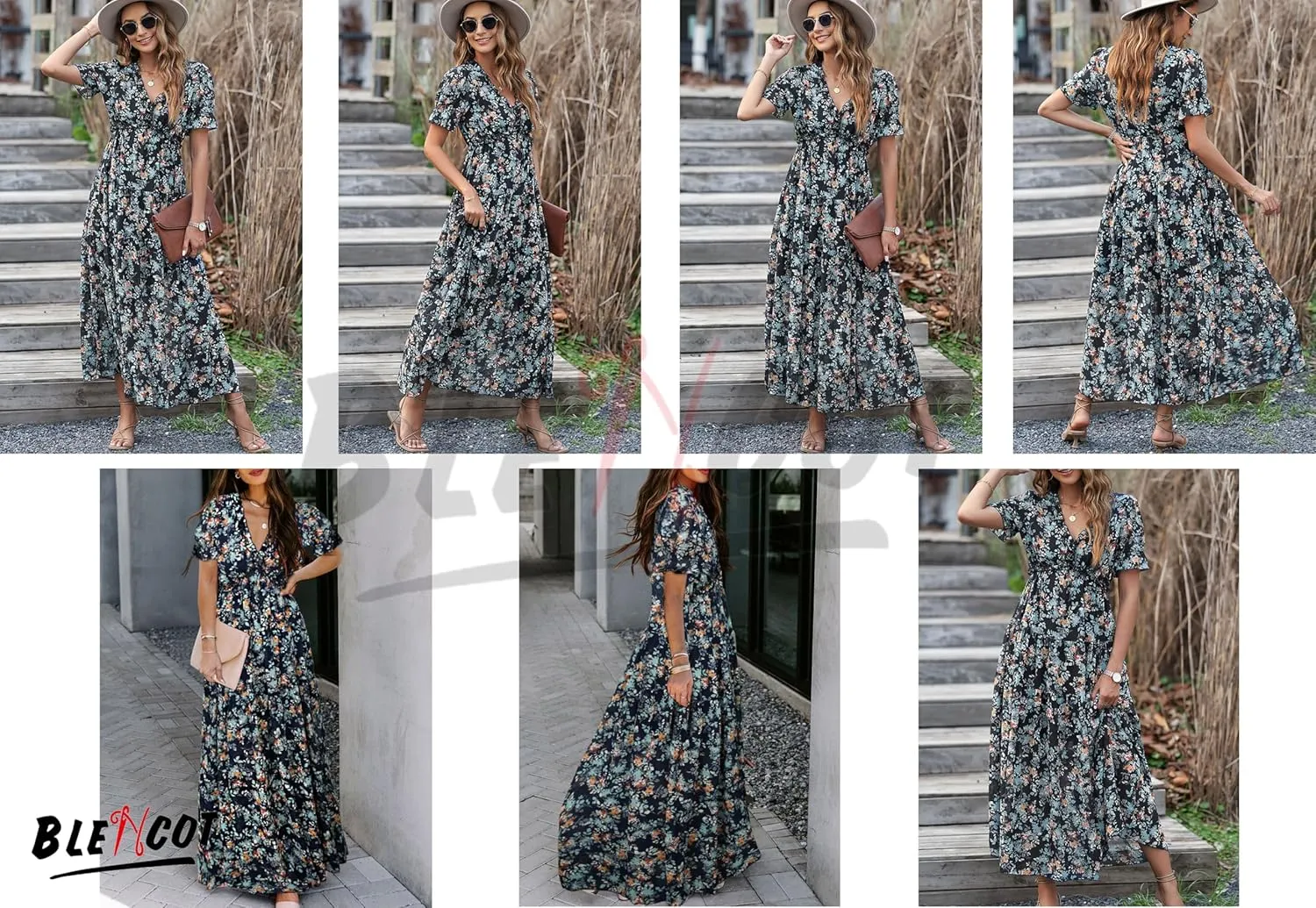 BLENCOT Womens Casual Boho Floral Printed V Neck Short Sleeve Long Evening Dress Ruched Cocktail Party Maxi Wedding Dress