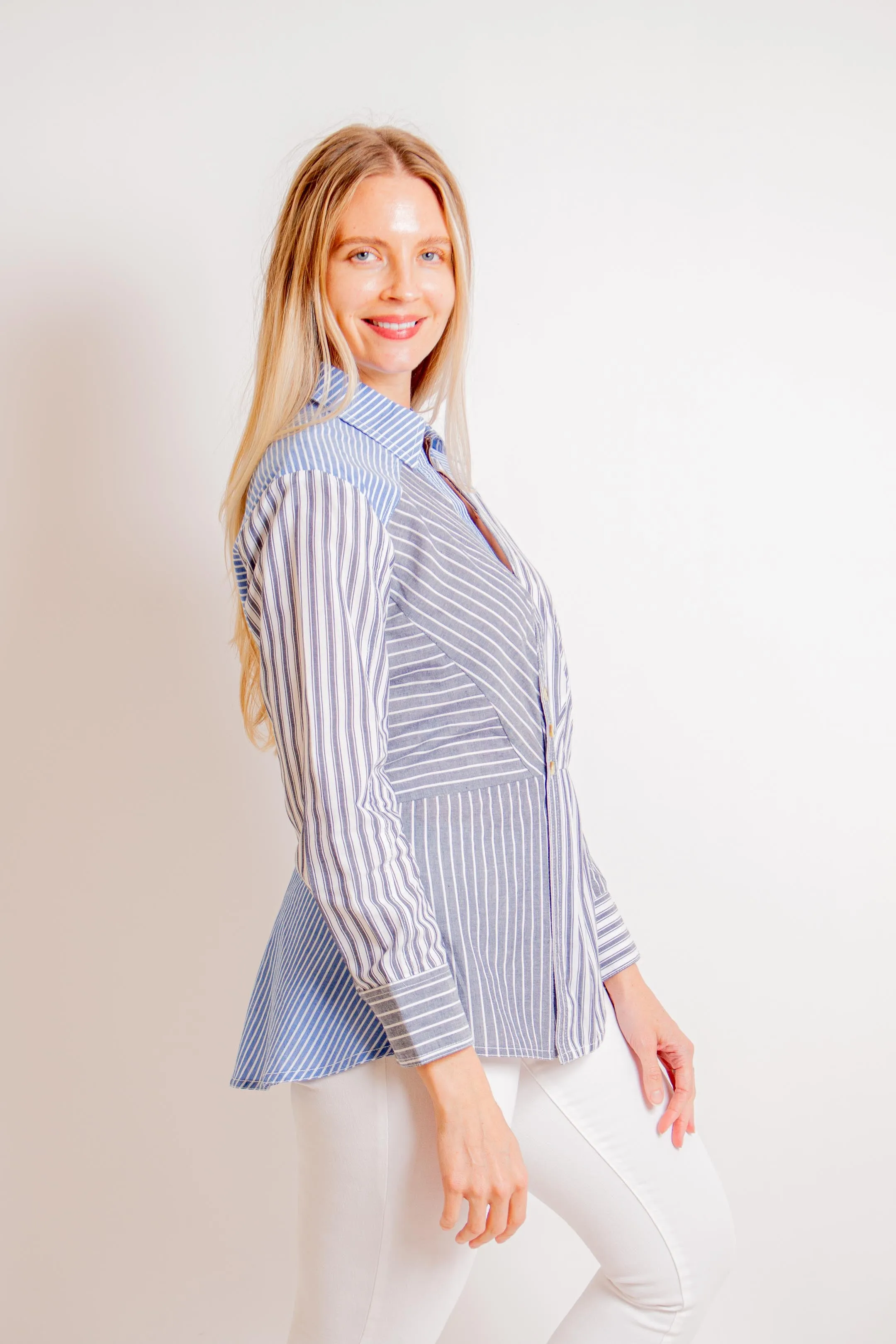 Blue Mixed Stripe Front Wrap Top