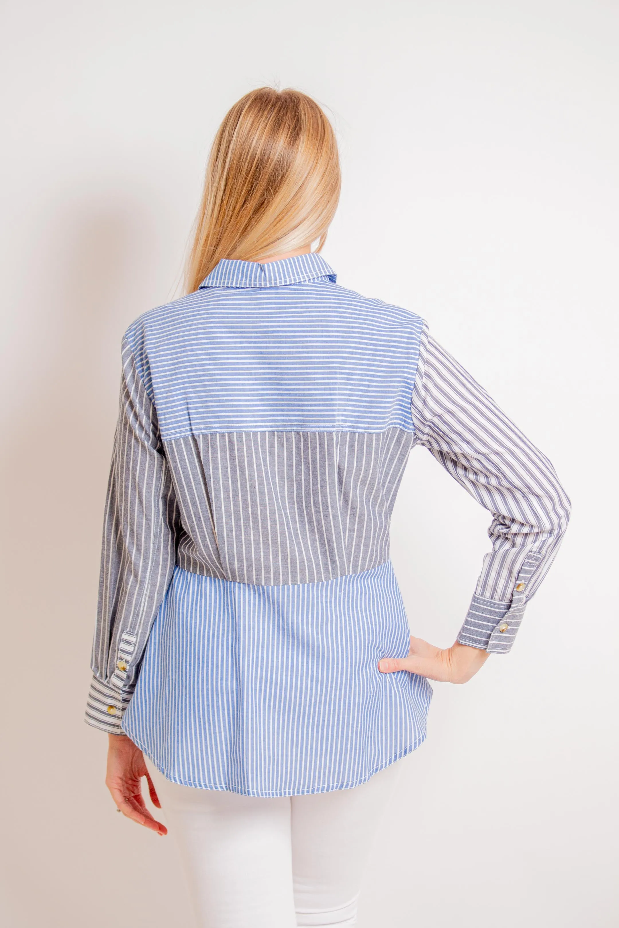 Blue Mixed Stripe Front Wrap Top