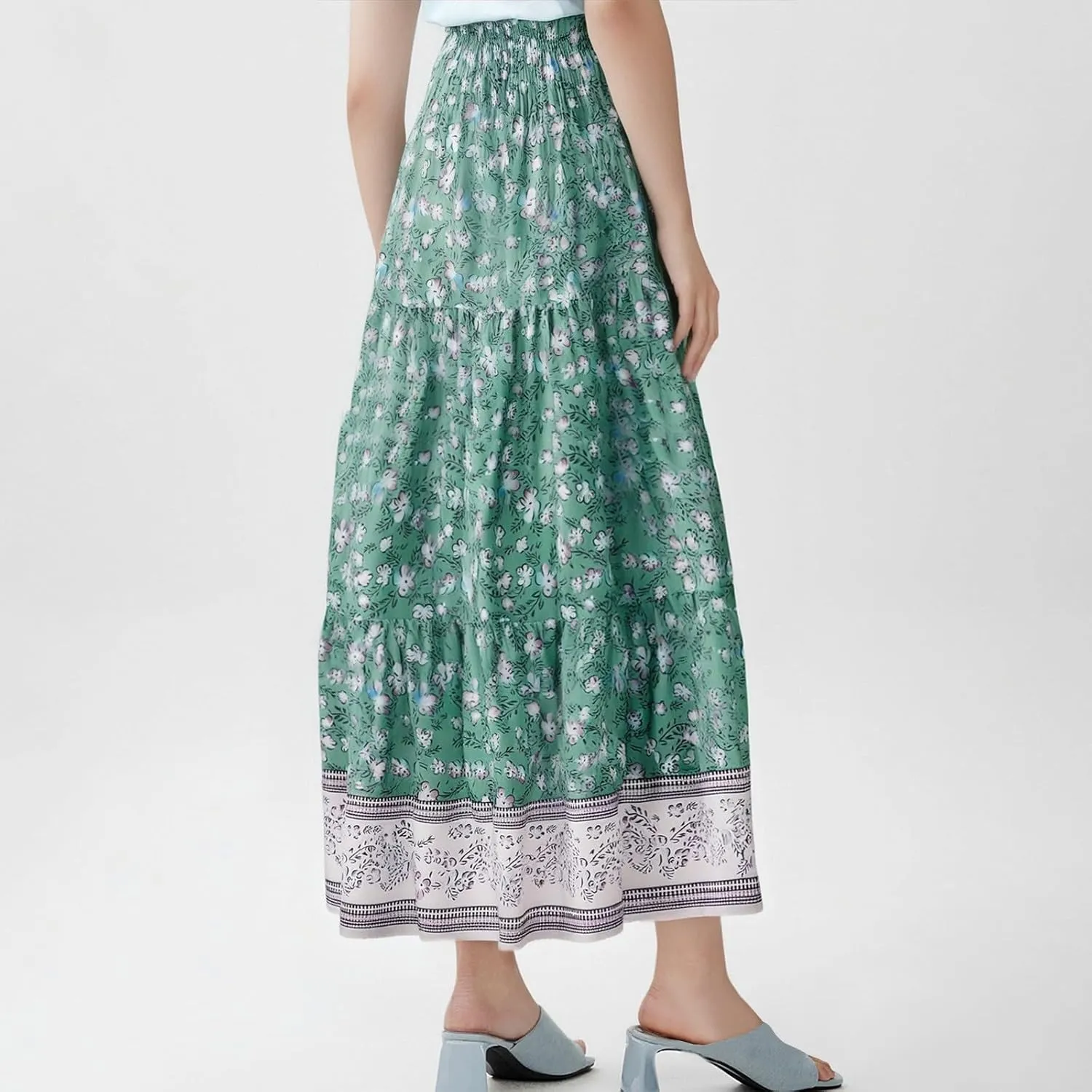 Bohemian Skirts for Women Elastic Waist Beach Floral Country Casual Business Pleated Peasant Smocked Vacation Trendy Skirts