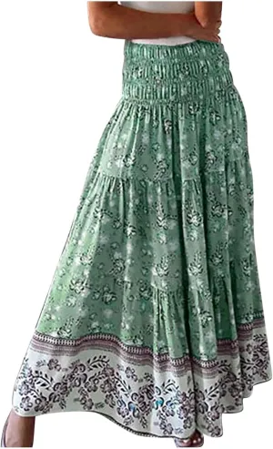 Bohemian Skirts for Women Elastic Waist Beach Floral Country Casual Business Pleated Peasant Smocked Vacation Trendy Skirts