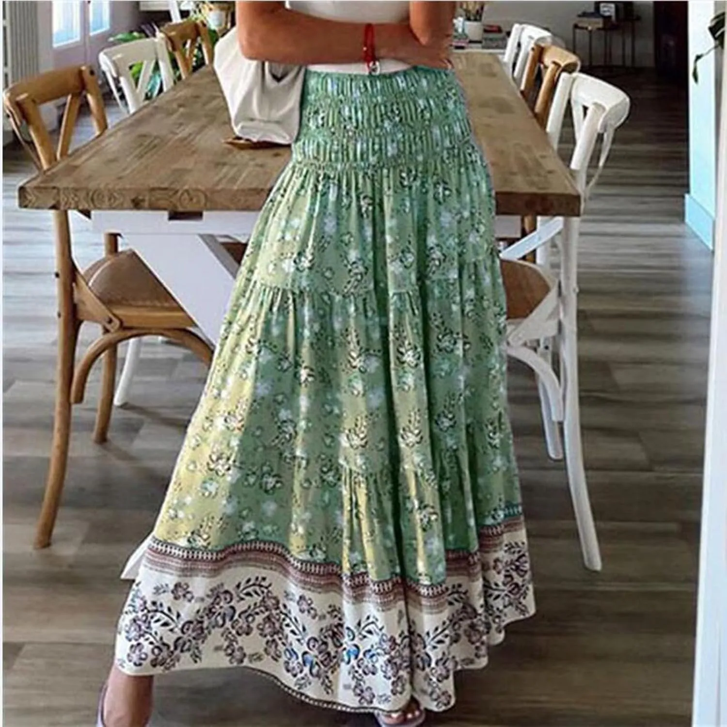 Bohemian Skirts for Women Elastic Waist Beach Floral Country Casual Business Pleated Peasant Smocked Vacation Trendy Skirts