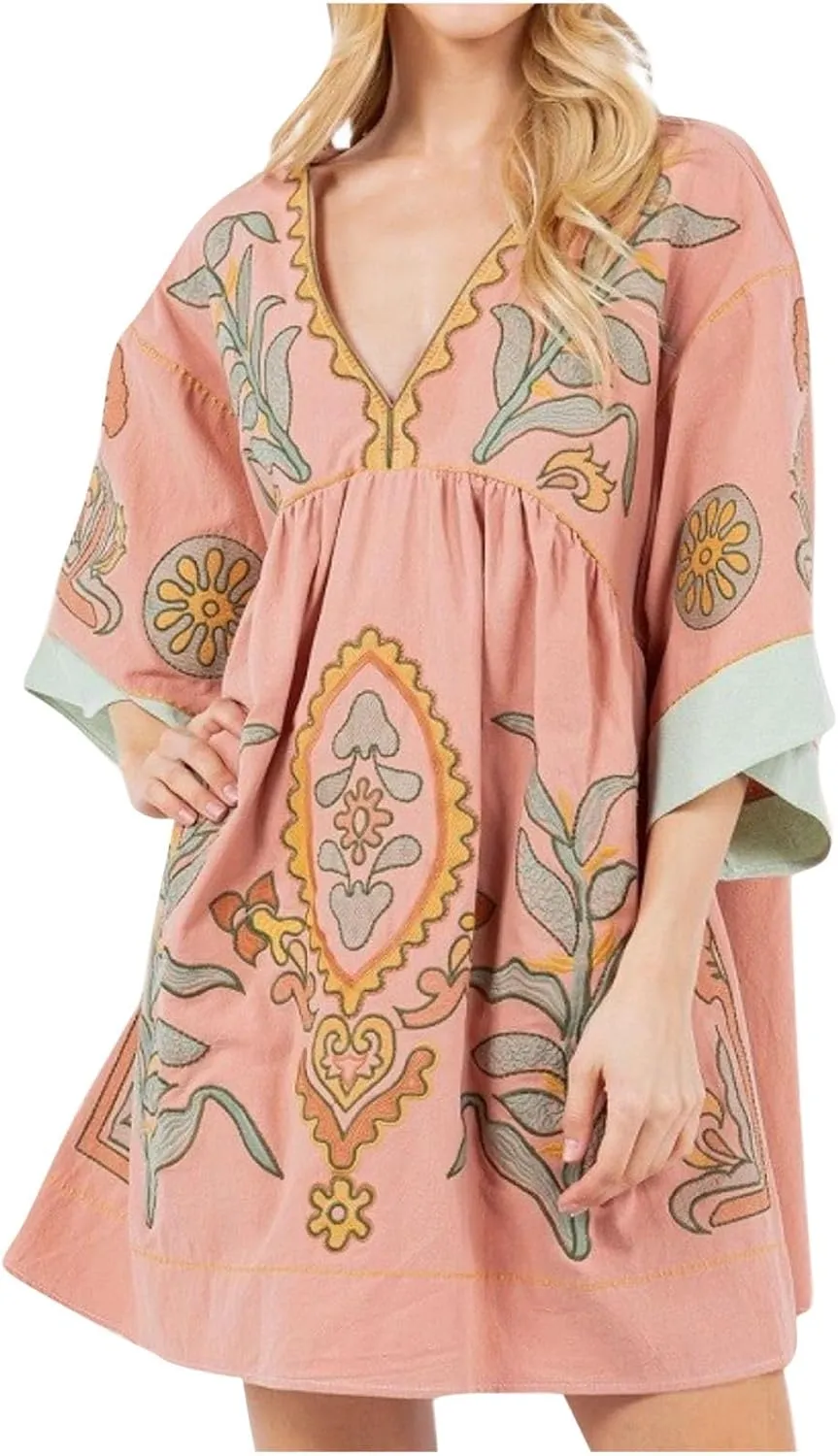 Boho Dresses for Women 2024 Fashion 3/4 Sleeve V Neck Bohemian Dress Causal Floral Print Pleated Oversized Mini Dress