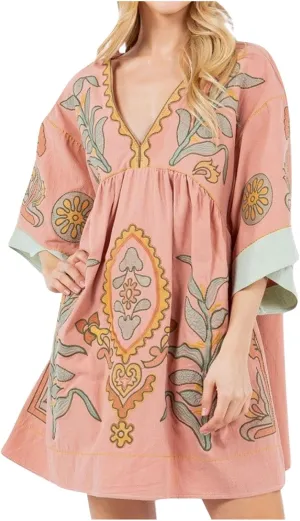 Boho Dresses for Women 2024 Fashion 3/4 Sleeve V Neck Bohemian Dress Causal Floral Print Pleated Oversized Mini Dress