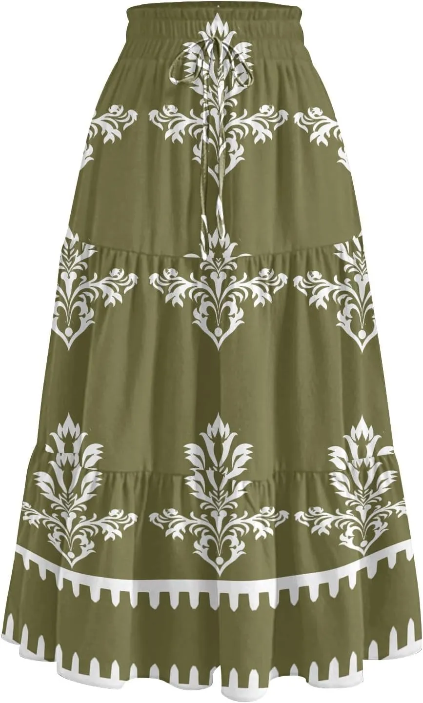 Boho Dresses for Women 2025 Loose Casual Trendy Floral Print Elastic Waist Lightweight Hawaiian Maxi Skirts, S-2XL