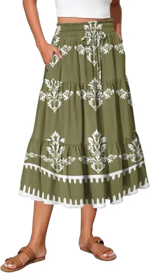Boho Dresses for Women 2025 Loose Casual Trendy Floral Print Elastic Waist Lightweight Hawaiian Maxi Skirts, S-2XL
