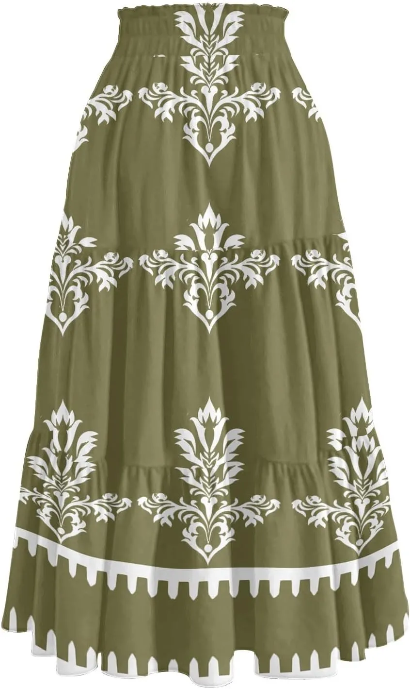 Boho Dresses for Women 2025 Loose Casual Trendy Floral Print Elastic Waist Lightweight Hawaiian Maxi Skirts, S-2XL