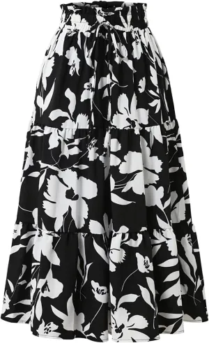 Boho Floral Maxi Skirts for Women Womens A-Line Pleated Long Skirts High Waisted Flowy Summer Dresses