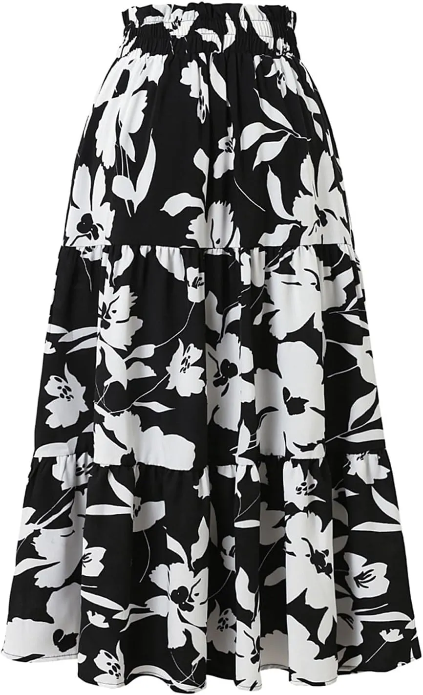 Boho Floral Maxi Skirts for Women Womens A-Line Pleated Long Skirts High Waisted Flowy Summer Dresses