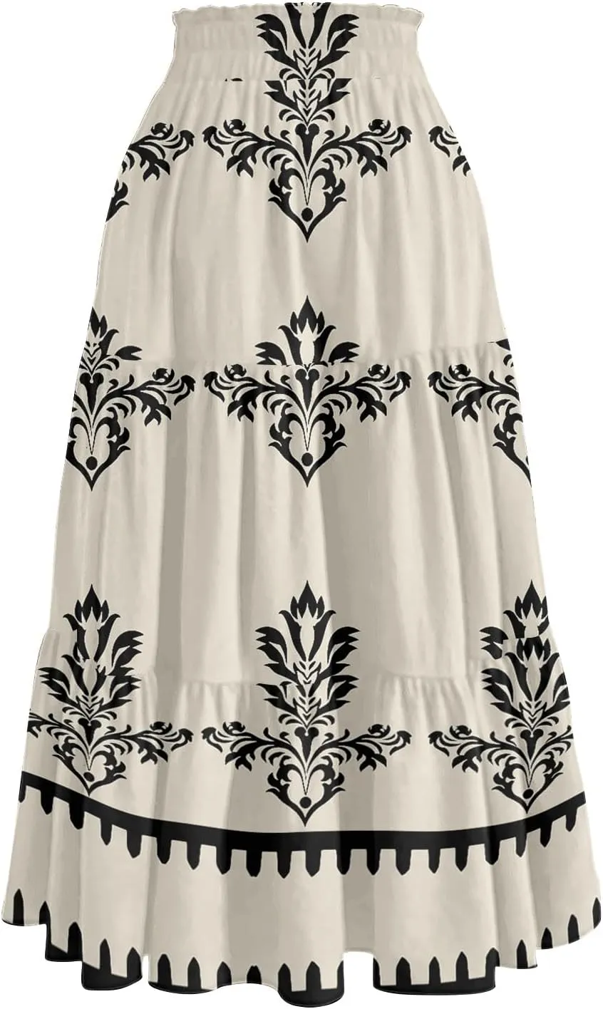 Boho Floral Midi Skirt for Women Summer Comfy Tiered Elastic High Waisted Vacation A-Line Flowy Swing Long