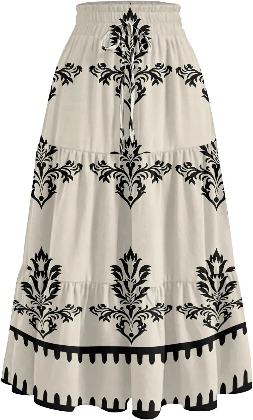 Boho Floral Midi Skirt for Women Summer Comfy Tiered Elastic High Waisted Vacation A-Line Flowy Swing Long