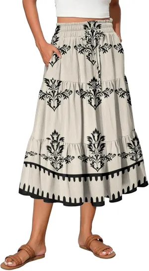 Boho Floral Midi Skirt for Women Summer Comfy Tiered Elastic High Waisted Vacation A-Line Flowy Swing Long