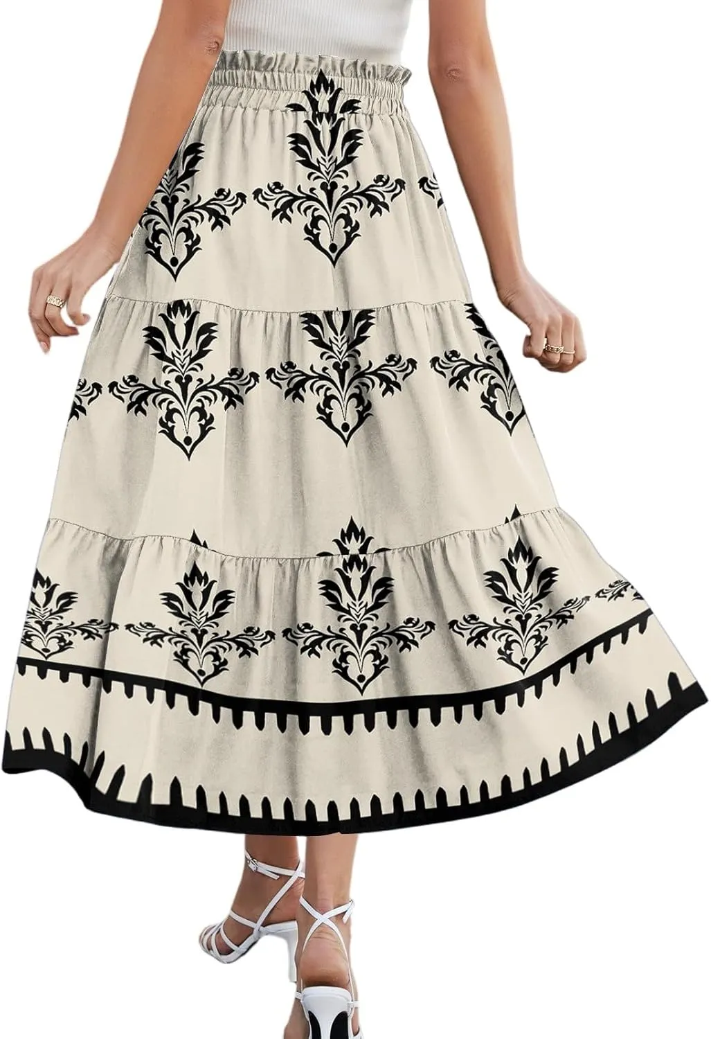 Boho Floral Midi Skirt for Women Summer Comfy Tiered Elastic High Waisted Vacation A-Line Flowy Swing Long