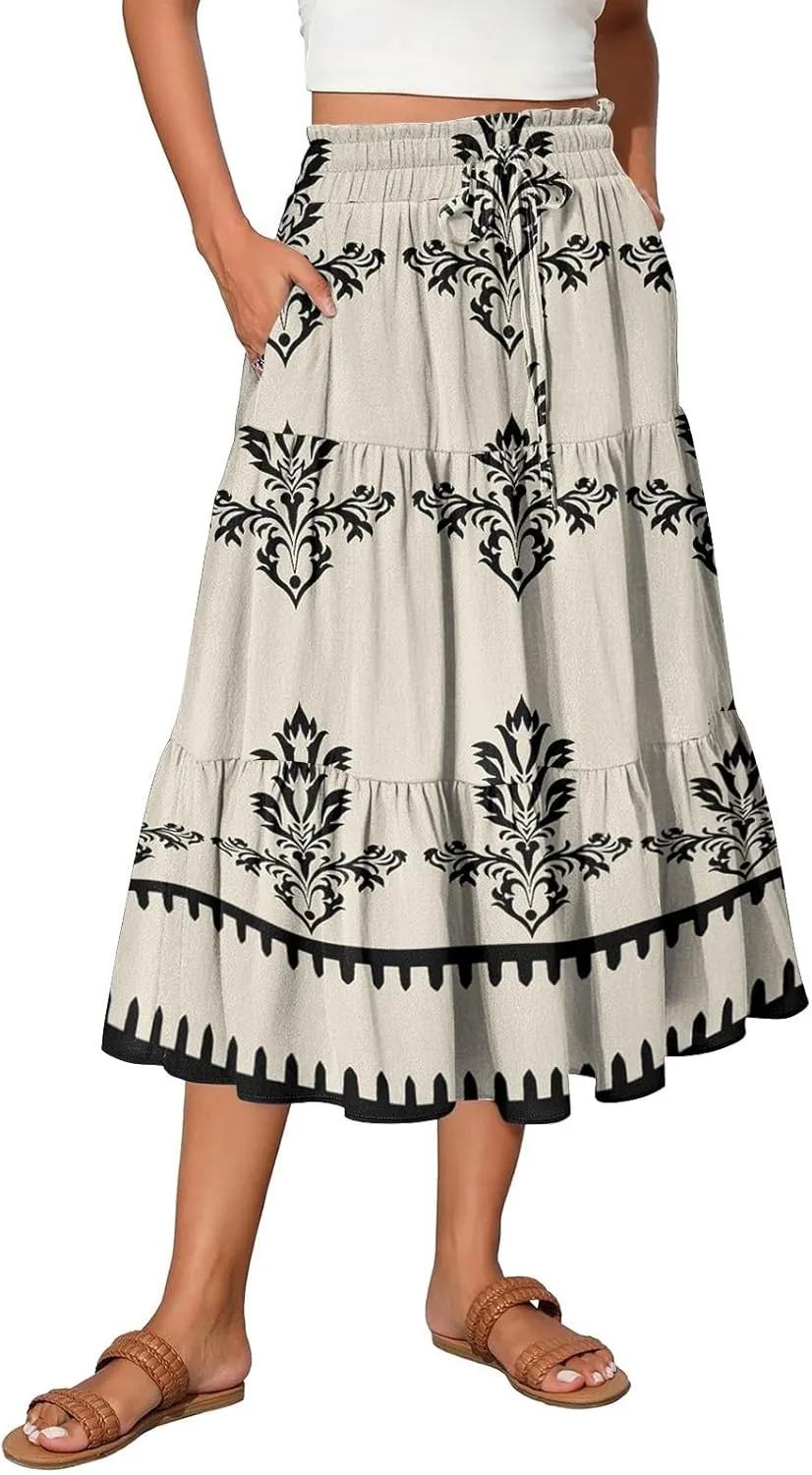 Boho Floral Midi Skirt for Women Summer Comfy Tiered Elastic High Waisted Vacation A-Line Flowy Swing Long