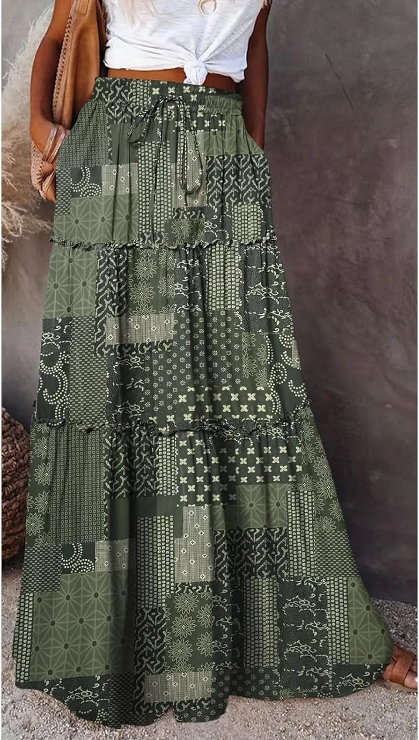 Boho Flowy Skirts for Women Maxi Floral High Waisted Tiered Long Skirts Ladies Casual Bohemian Summer Clothes 2025