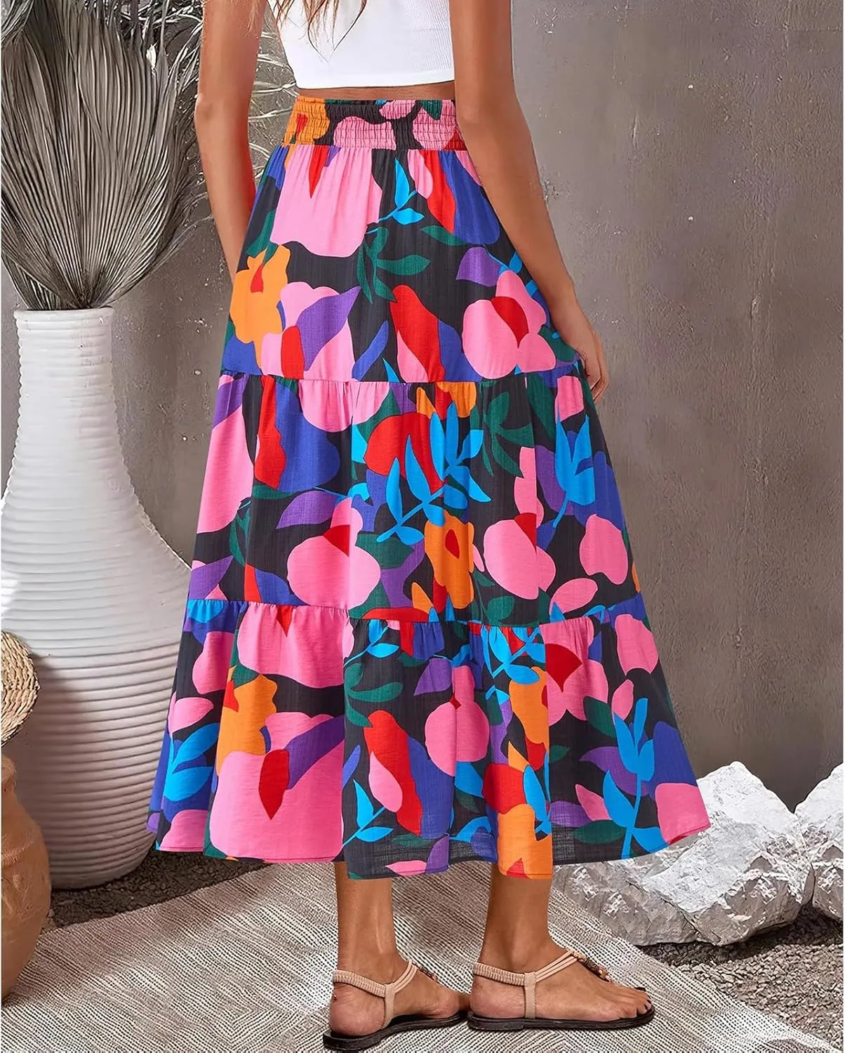 Boho Long Skirts for Women Trendy High Waisted Floral Maxi Skirt Casual Summer Flowy Tiered A Line Skirt Beach Outfit