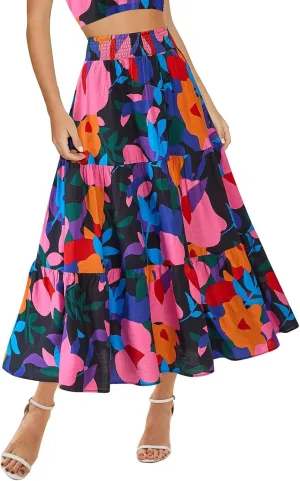 Boho Long Skirts for Women Trendy High Waisted Floral Maxi Skirt Casual Summer Flowy Tiered A Line Skirt Beach Outfit