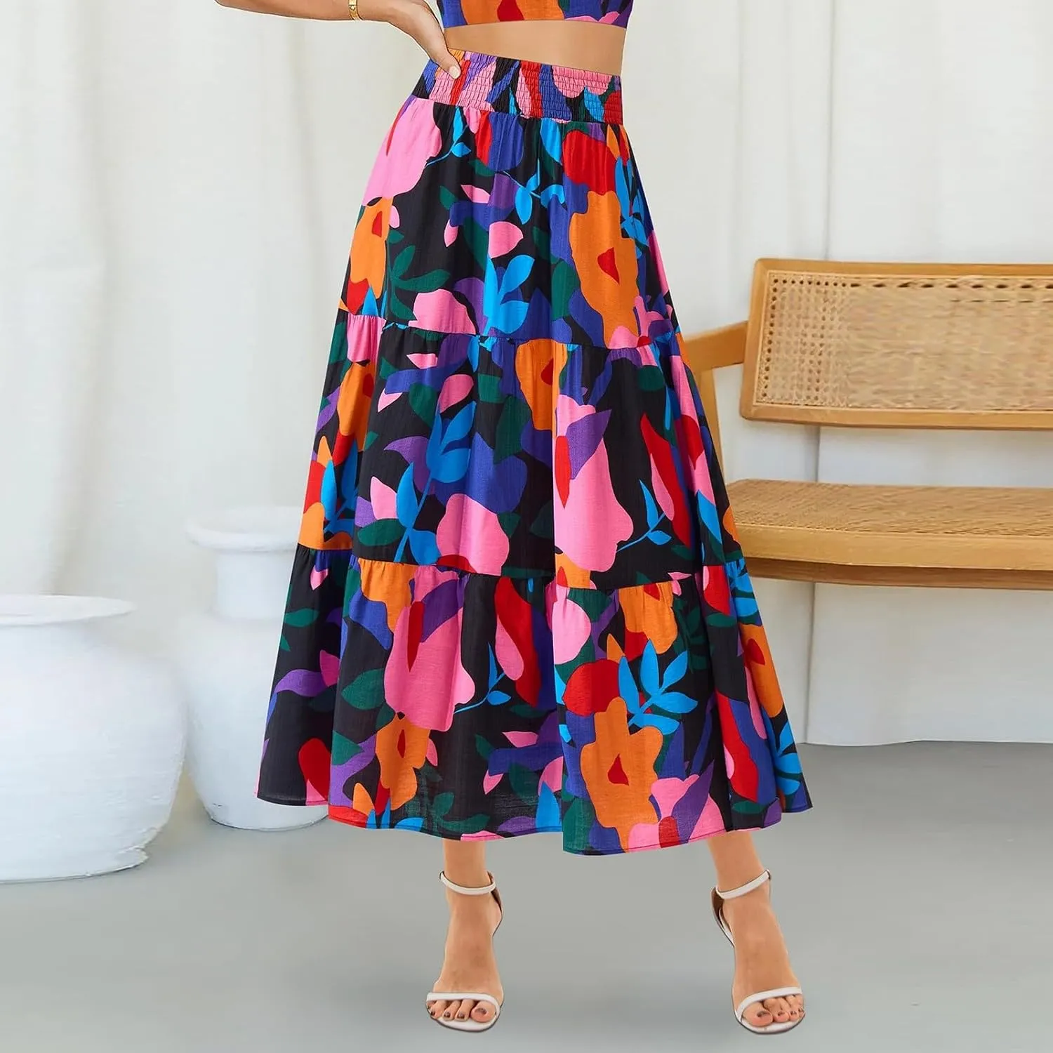 Boho Long Skirts for Women Trendy High Waisted Floral Maxi Skirt Casual Summer Flowy Tiered A Line Skirt Beach Outfit