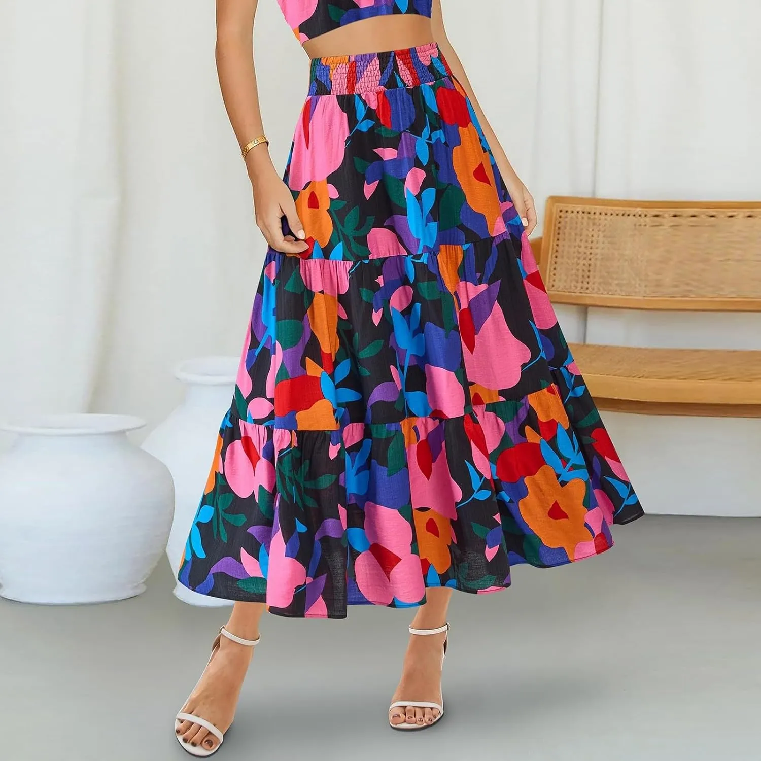 Boho Long Skirts for Women Trendy High Waisted Floral Maxi Skirt Casual Summer Flowy Tiered A Line Skirt Beach Outfit