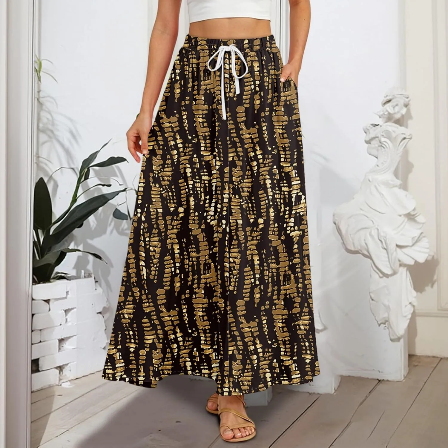 Boho Maxi Skirt for Women Summer Elastic High Waisted Casual Skirts Pleated A-Line Skirts Work Skirt Long with Pockets