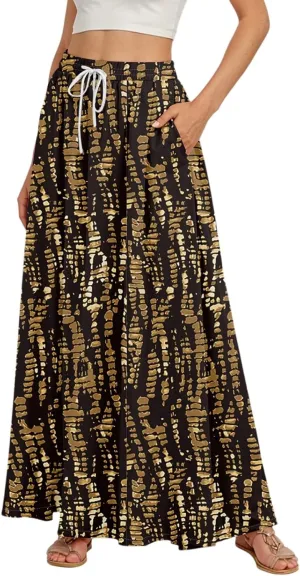 Boho Maxi Skirt for Women Summer Elastic High Waisted Casual Skirts Pleated A-Line Skirts Work Skirt Long with Pockets