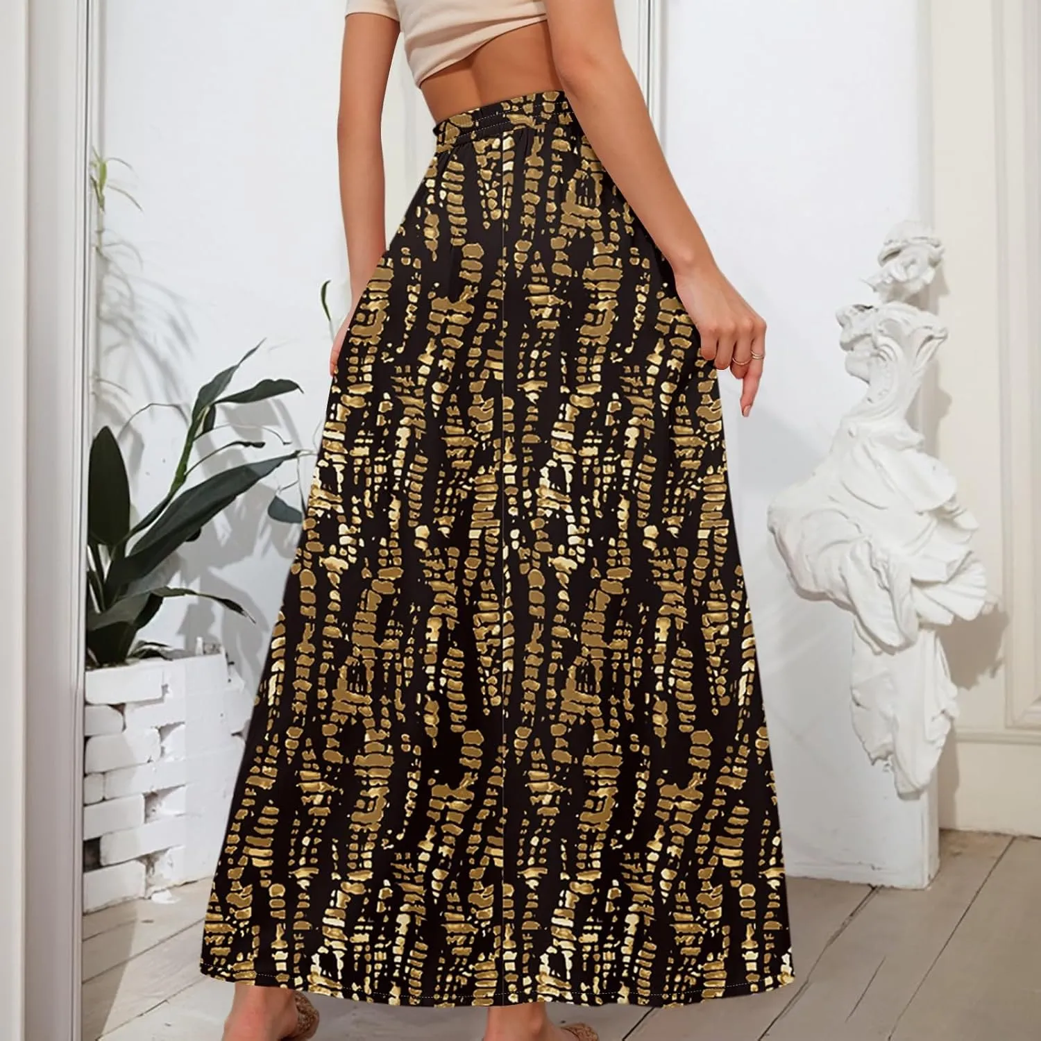 Boho Maxi Skirt for Women Summer Elastic High Waisted Casual Skirts Pleated A-Line Skirts Work Skirt Long with Pockets