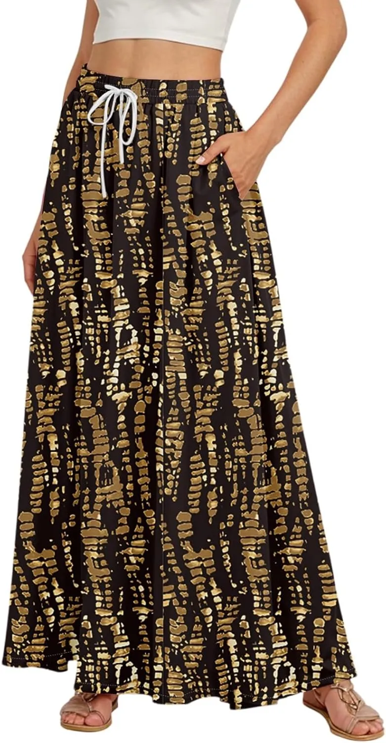 Boho Maxi Skirt for Women Summer Elastic High Waisted Casual Skirts Pleated A-Line Skirts Work Skirt Long with Pockets
