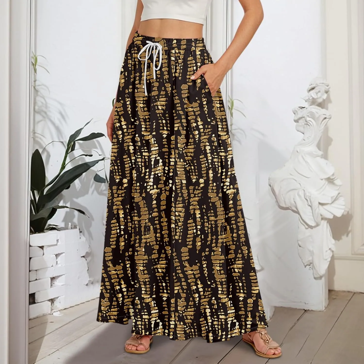 Boho Maxi Skirt for Women Summer Elastic High Waisted Casual Skirts Pleated A-Line Skirts Work Skirt Long with Pockets