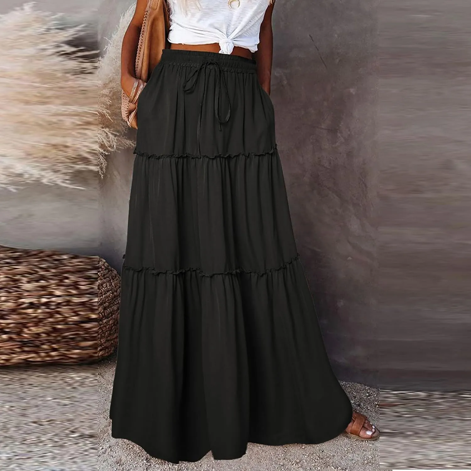 Boho Maxi Skirts for Women 2025 Summer Floral Flowy High Waisted Plus Size A Line Tiered Long Skirt with Pockets