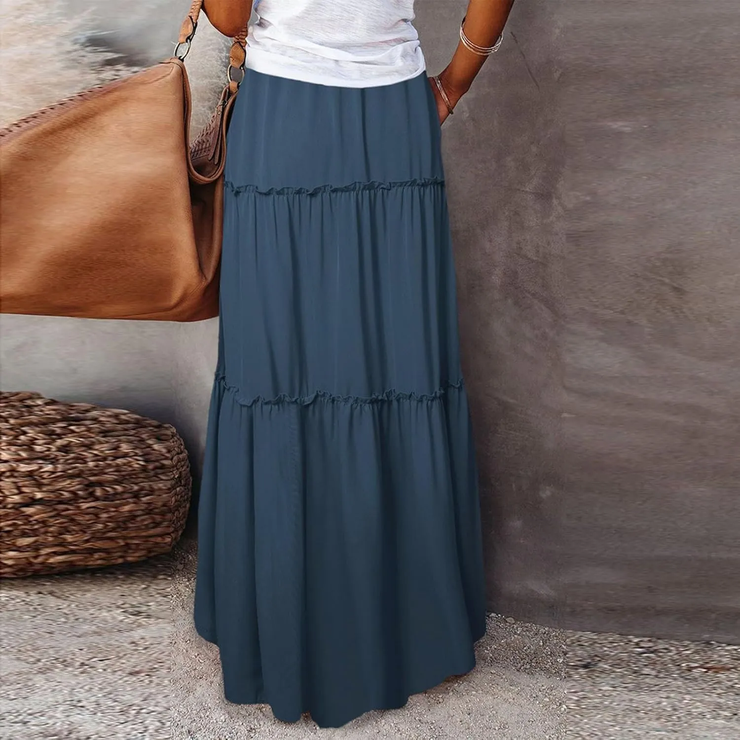 Boho Maxi Skirts for Women Summer Tiered Elastic Casual Skirt Smocked A Line Skirts Work Long Skirt Y2K with Pockets
