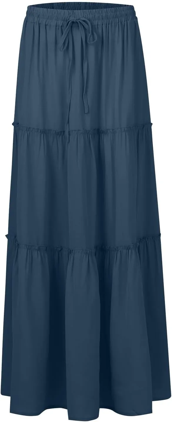 Boho Maxi Skirts for Women Summer Tiered Elastic Casual Skirt Smocked A Line Skirts Work Long Skirt Y2K with Pockets