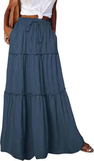 Boho Maxi Skirts for Women Summer Tiered Elastic Casual Skirt Smocked A Line Skirts Work Long Skirt Y2K with Pockets